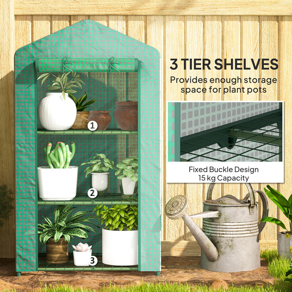 Outsunny 3 Shelf Green Mini Greenhouse with Roll Up Door Image 6