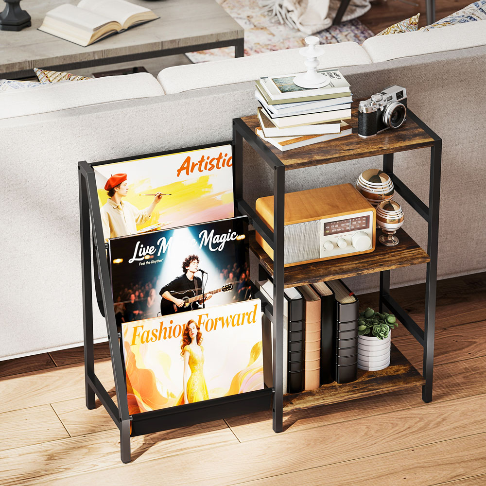 HOMCOM 3 Shelf Record Player Stand with 3 Oxford Cloth Racks Image 4