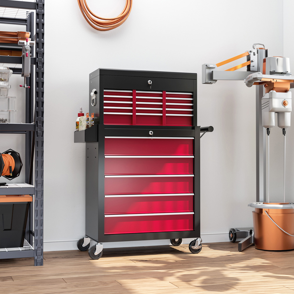 HOMCOM 14 Drawers Red Lockable Rolling Tool Chest Image 2