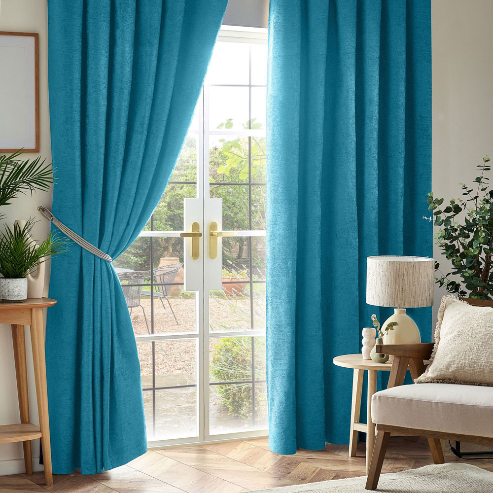 Alan Symonds Teal Chenille Blackout Pencil Pleat Curtains 117cm x 137cm Image 1