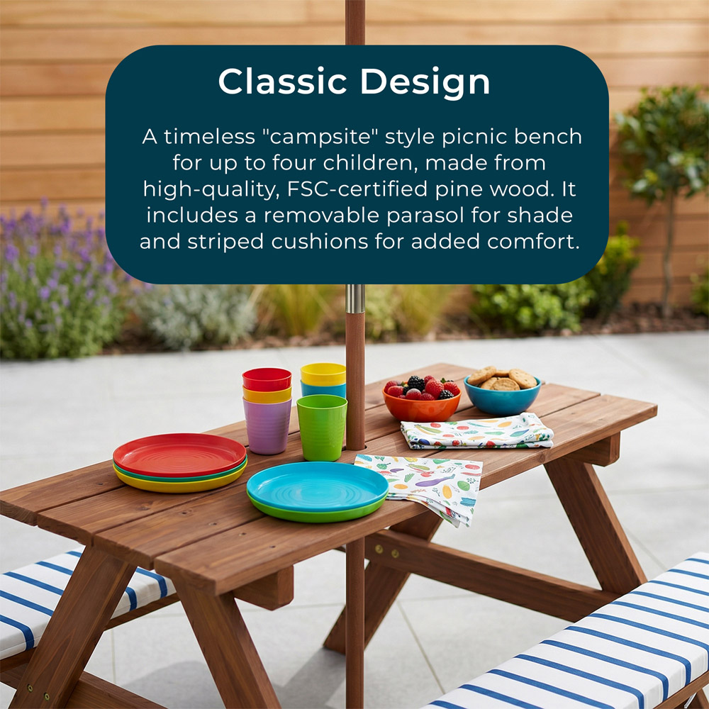 Jack Stonehouse 4 Seater Stripe Design Kids Picnic Table and Parasol Set Image 3