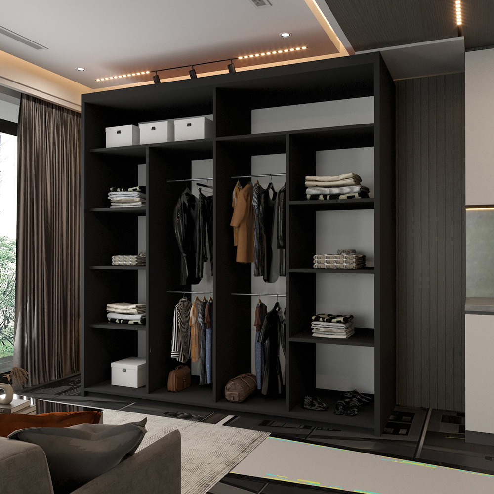 Modern Sliding Wardrobe with Central Mirror, Adjustable Shelves and Hanging Rails (Black 203cm) Image 4