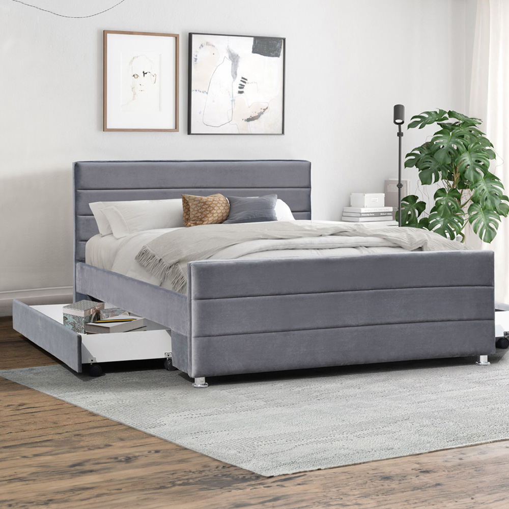 Brooklyn Single Grey Brushed Velvet Upholstered Bed Frame with 2 Drawers Image 1