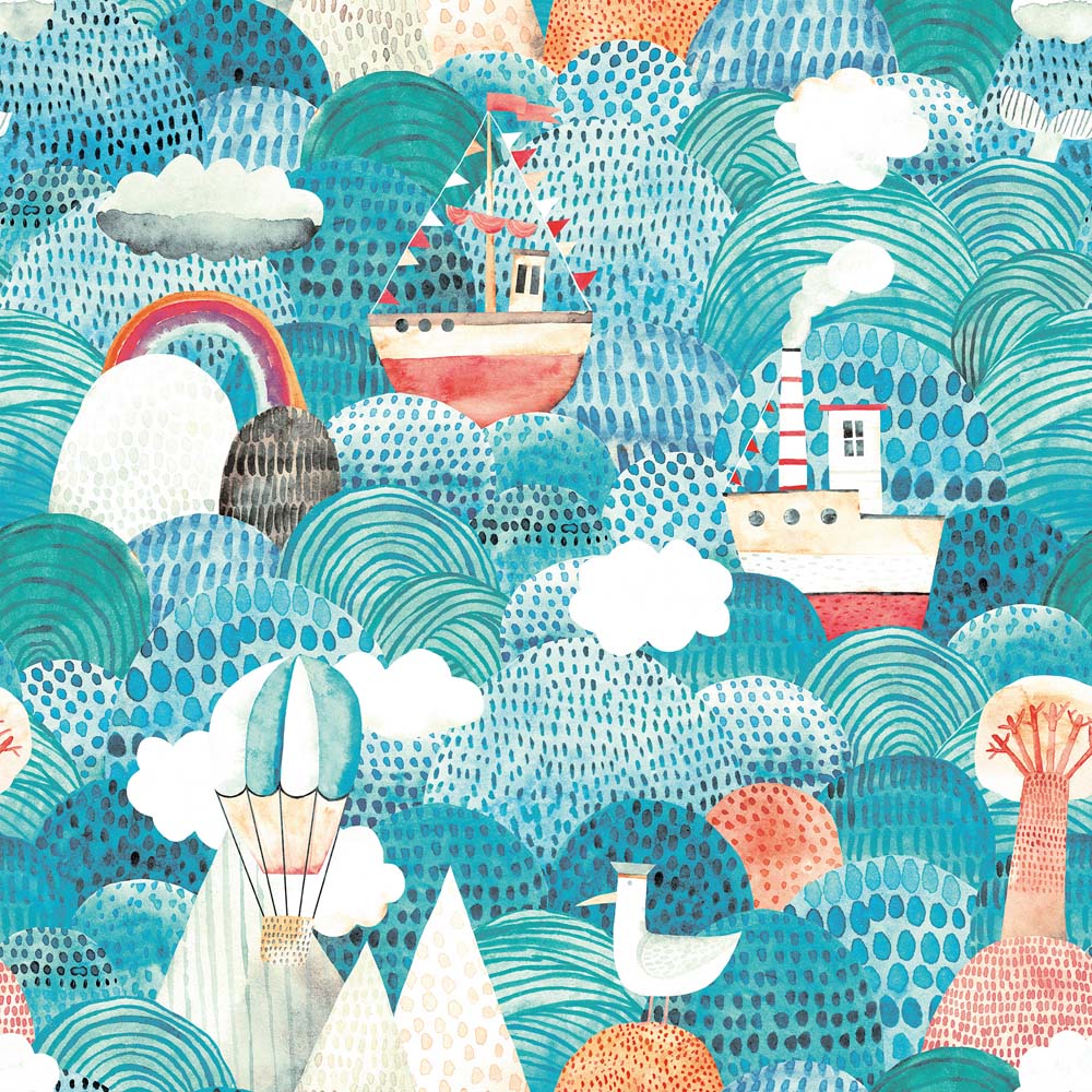 Hoopla Walls Peekaboo Ships Ahoy! Aqua & Coral Wallpaper Image 1