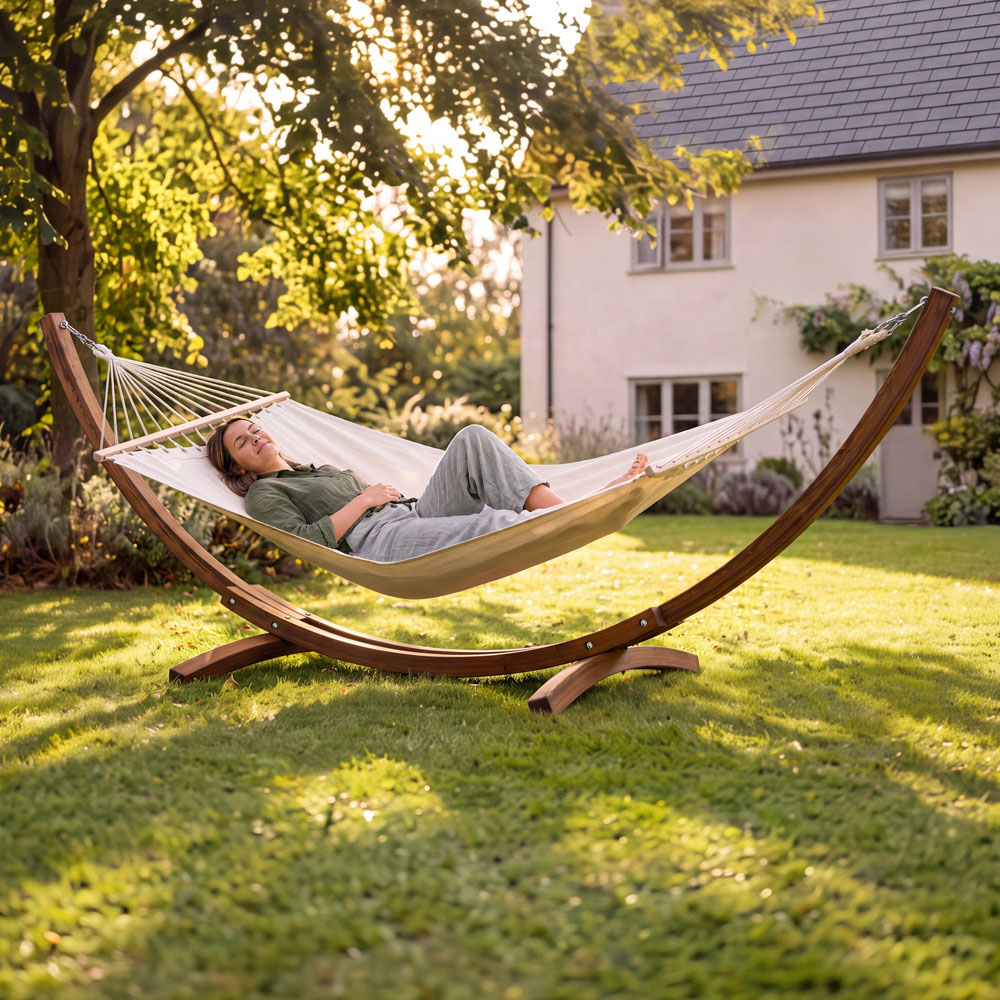Charles Bentley Cream Canvas Hammock with Wooden Arc Stand Image 9