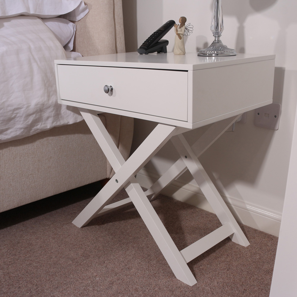 Leighton Single Drawer White X Legs Bedside Table Image 4