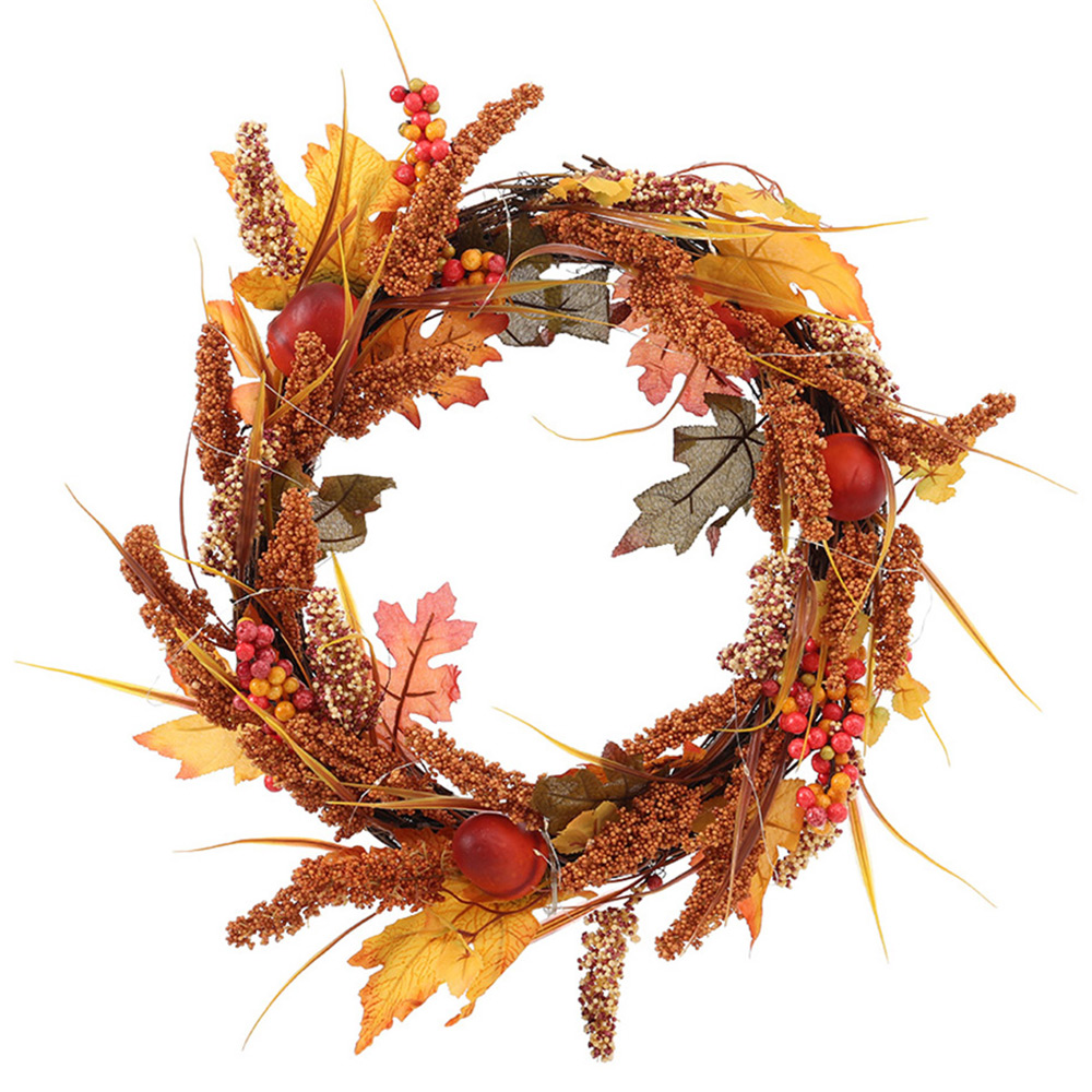 Living and Home Autumn Golden Sorghum Door Wreath with LED Lights 50cm Image 1