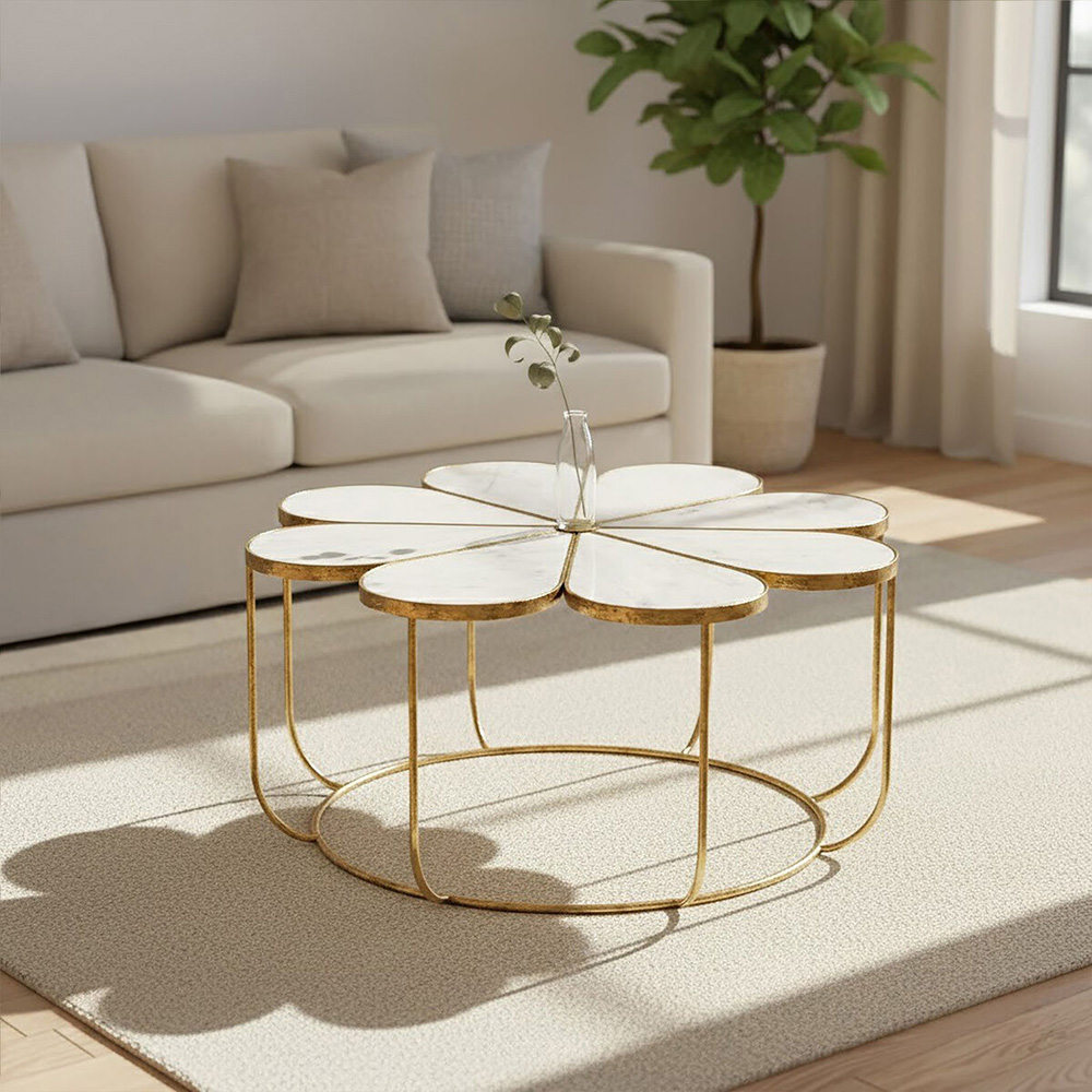 Premier Housewares White Marble Top Petal Coffee Table with Gold Frame Image 2