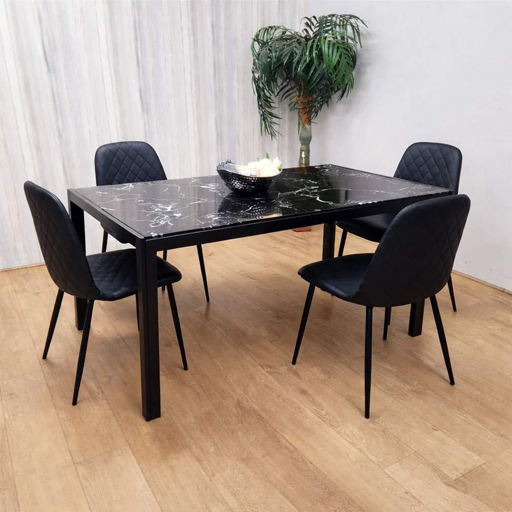 Kosy Koala 4 Seater Glass and Faux Leather Diamond Stitch Dining Set Black and Marble Effect Image 3