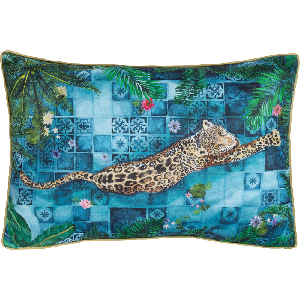 Paoletti Majorelle Blue Leopard Piped Polyester Filled Outdoor Cushion 40 x 60cm Image 1