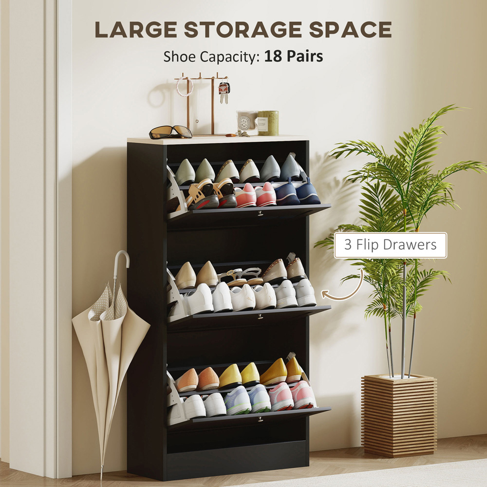 Portland 3 Flip Drawer Black Narrow Shoe Cabinet Image 7