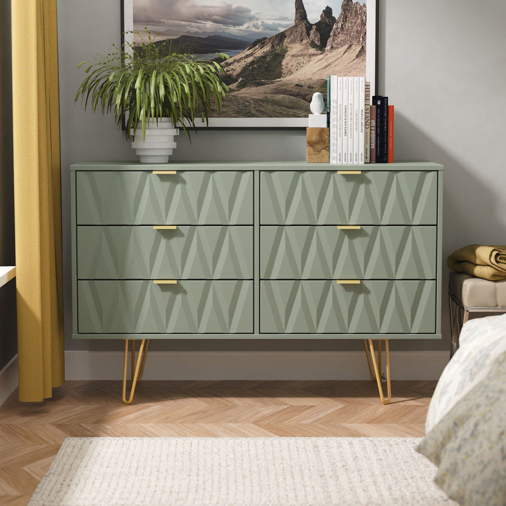 Crowndale Diamond 6 Drawer Reed Green Wide Chest of Drawers Ready Assembled Image 7