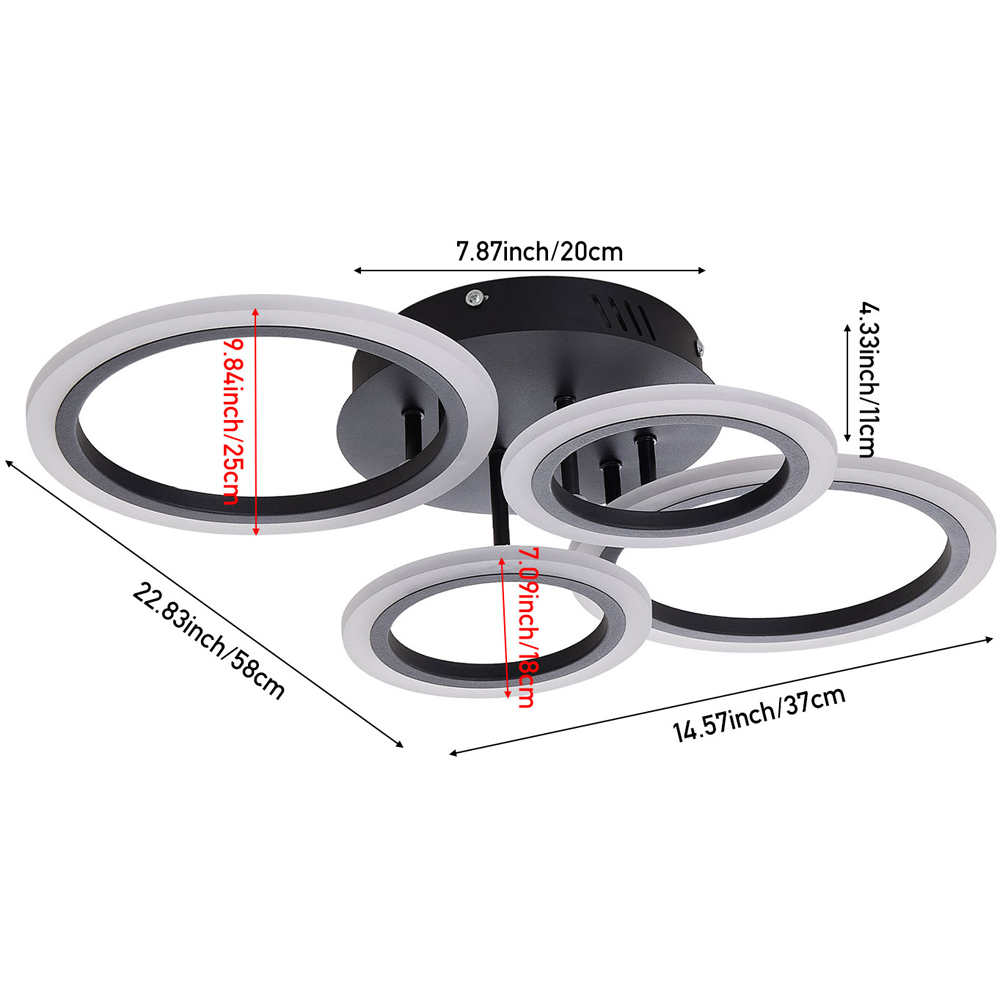 Living and Home Black and White 4 Ring LED Ceiling Light with Remote Image 8