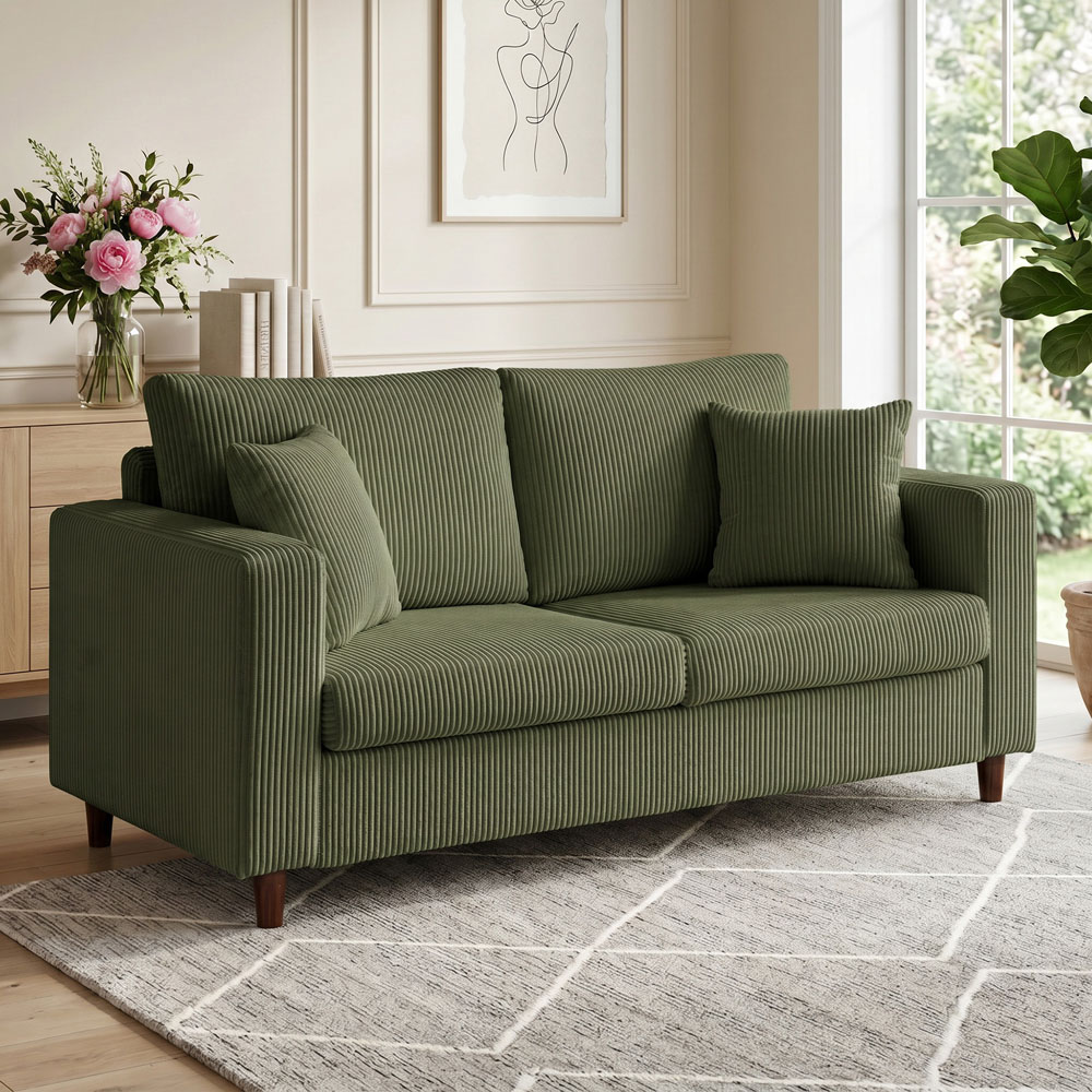HOMCOM 2 Seater Green Corduroy Upholstered Wide Seat Loveseat Sofa Image 1