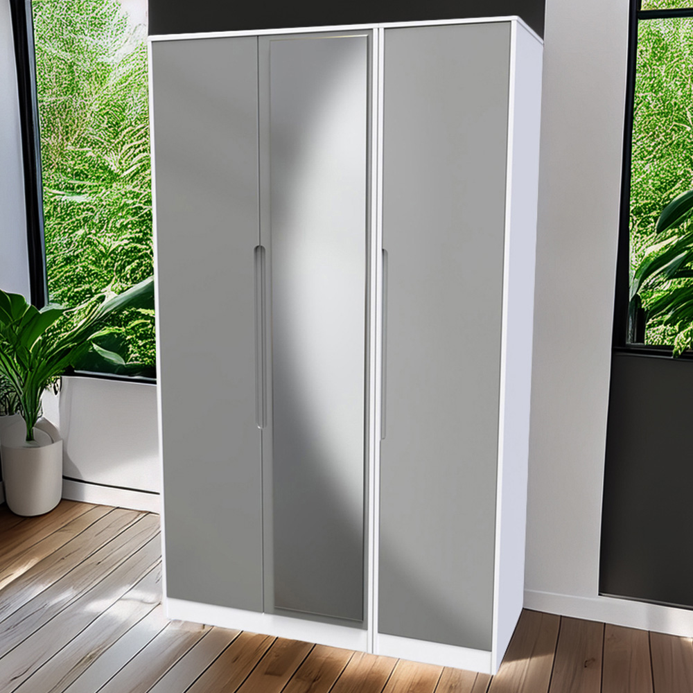 Crowndale Monaco 3 Door Grey Gloss and White Tall Mirror Wardrobe Ready Assembled Image 1