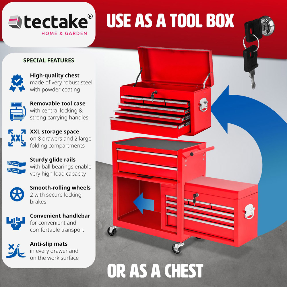 tectake 8 Drawer Red Tool Chest of Drawers with Wheels Image 6