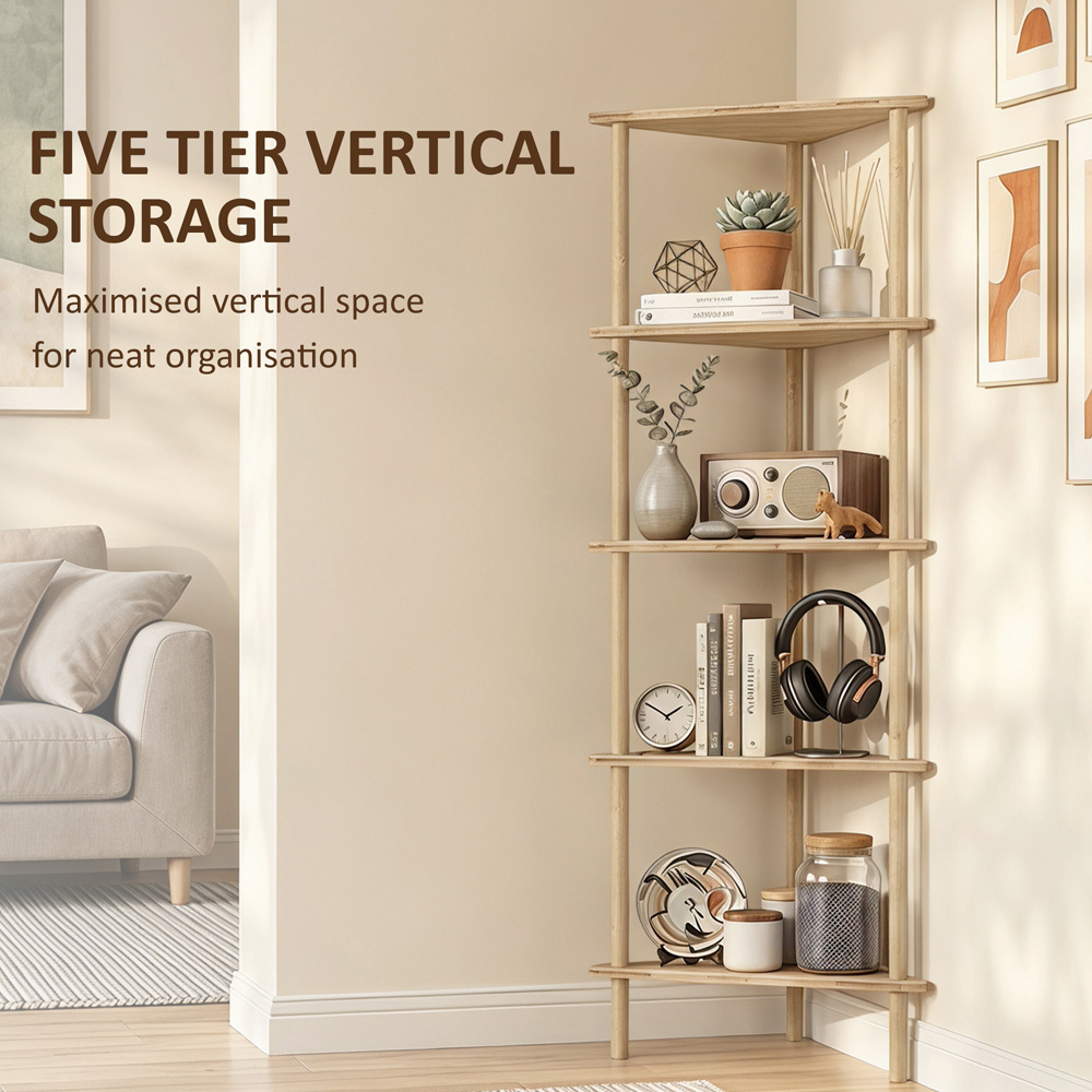 HOMCOM 4 Shelf Natural Wood Finish Corner Storage Unit Image 5
