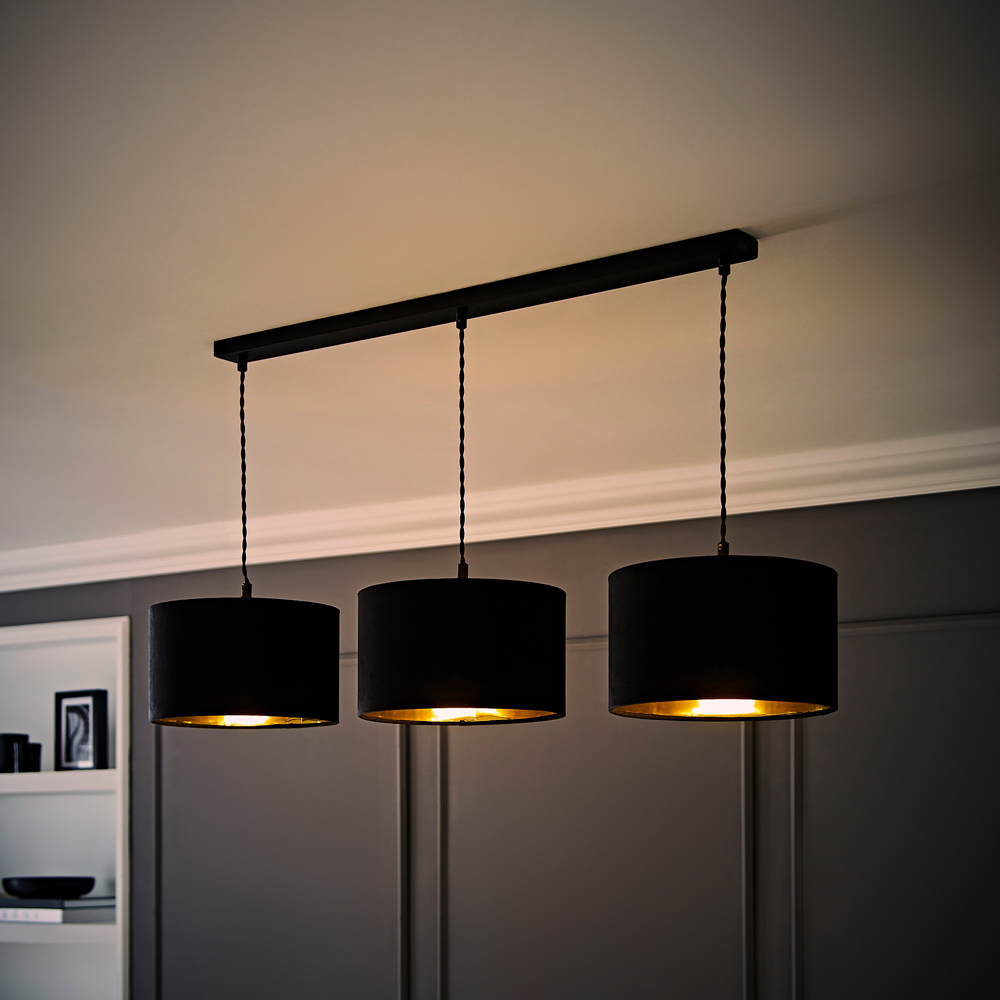 ValueLights Reni Black Velvet and Gold Shade 3 Drop Bar Black Diner LED Ceiling Light Image 6