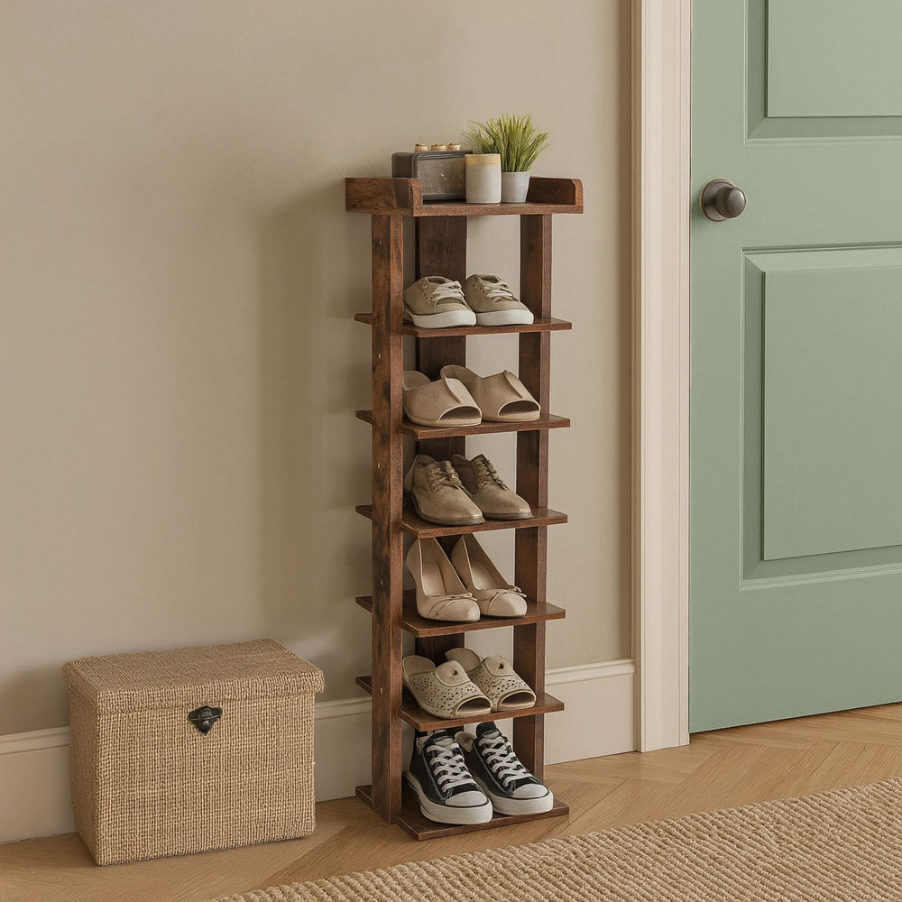 Neo 7 Shelf Walnut Wooden Slim Shoe Rack Image 2