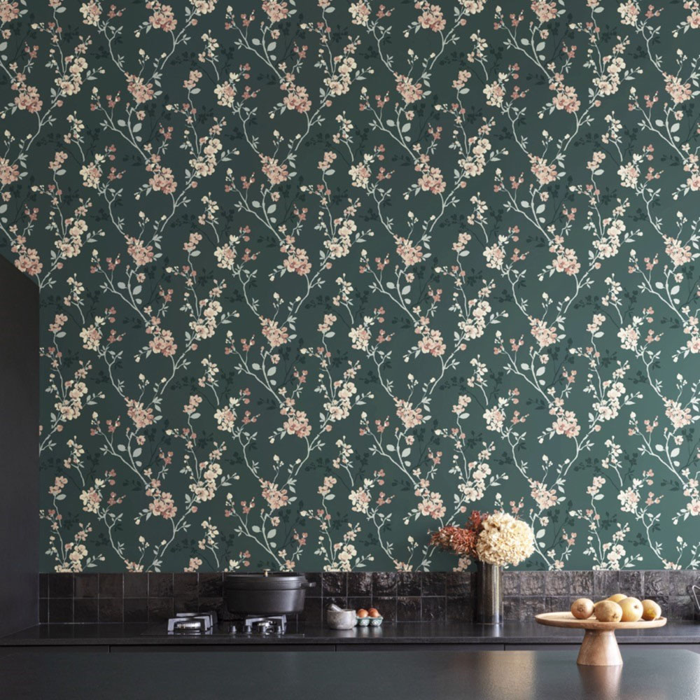 Grandeco Jasmin Floral Cherry Blossom Trail Green Vinyl Wallpaper Image 3