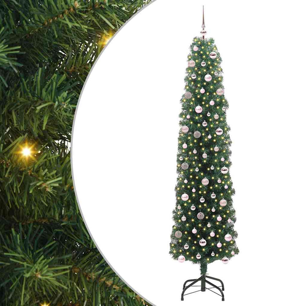 vidaXL Green Artificial Christmas Tree with LEDs Pink Decoration Ornaments 8ft Image 2