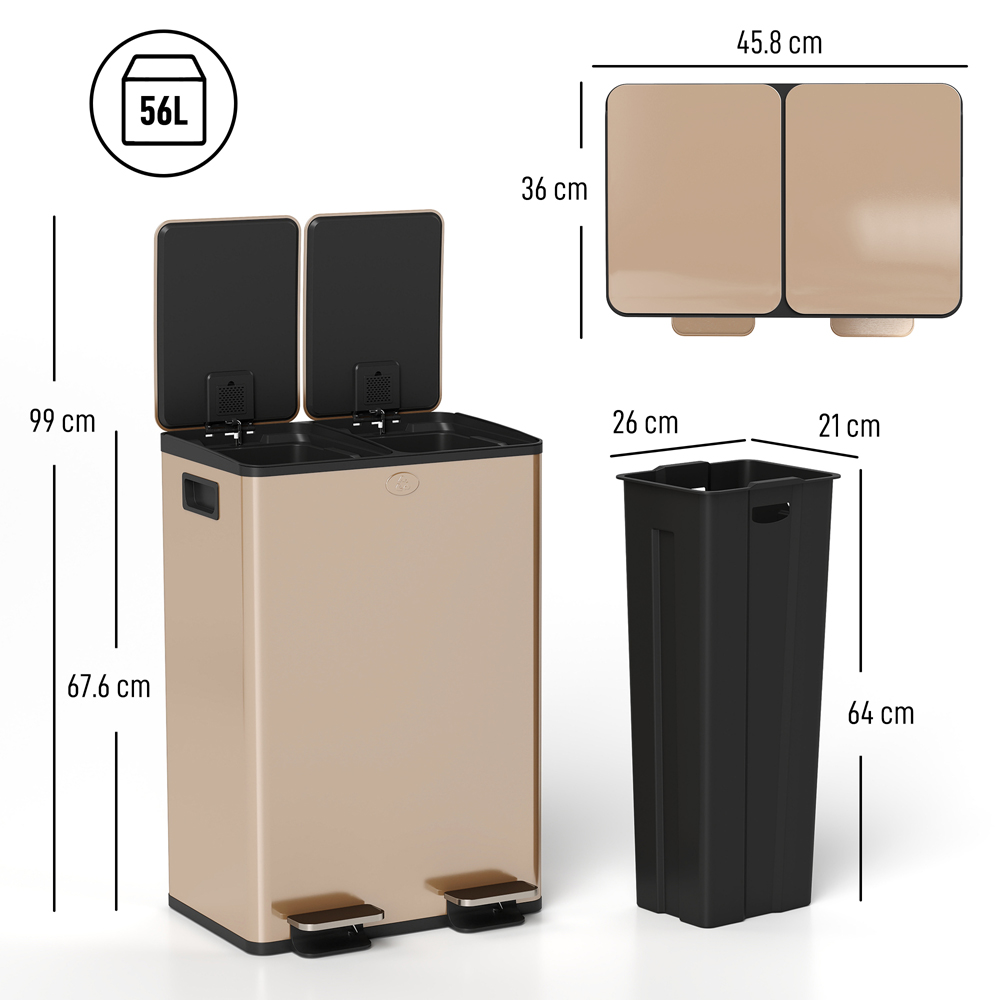 HOMCOM Gold Tone Stainless Steel Double Pedal Bin with Soft-Close Lid 56L Image 9