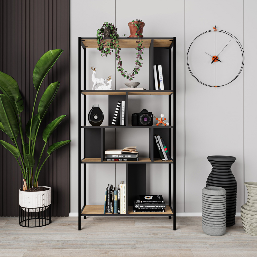 Decortie Midi 5 Shelf Oak Silky Black Modern Tall Bookcase Image 4