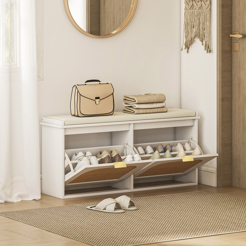 HOMCOM 2 Drawer White Boho Shoe Storage Bench Image 3