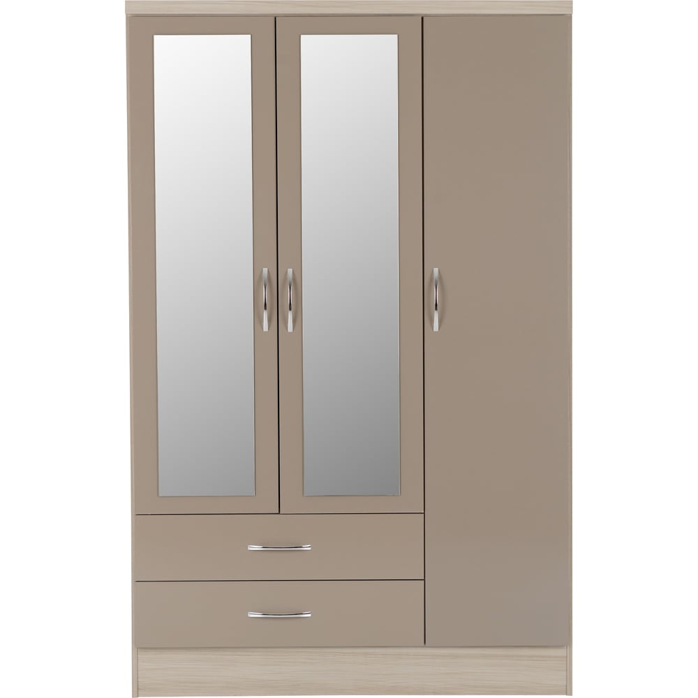 Seconique Nevada 3 Door 2 Drawer Oyster Gloss and Light Oak Veneer Mirror Wardrobe Image 3