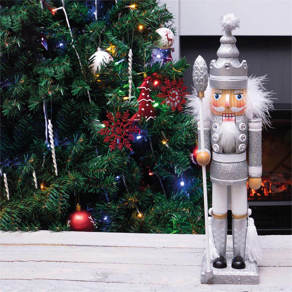 St Helens Silver and White Christmas Nutcracker with Staff Image 2
