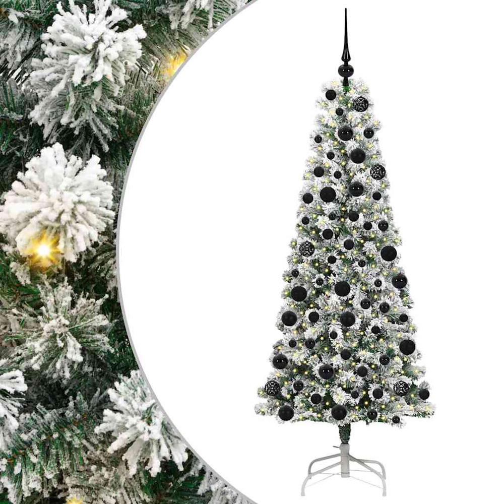 vidaXL Pre-Lit Warm White LED and Black Baubles Snow Flocked Artificial Christmas Tree 6ft Image 2