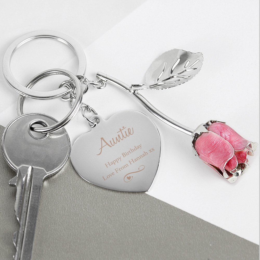 Personalised Memento Personalised Silver Plated Swirls and Hearts Pink Rose Keyring Image 3