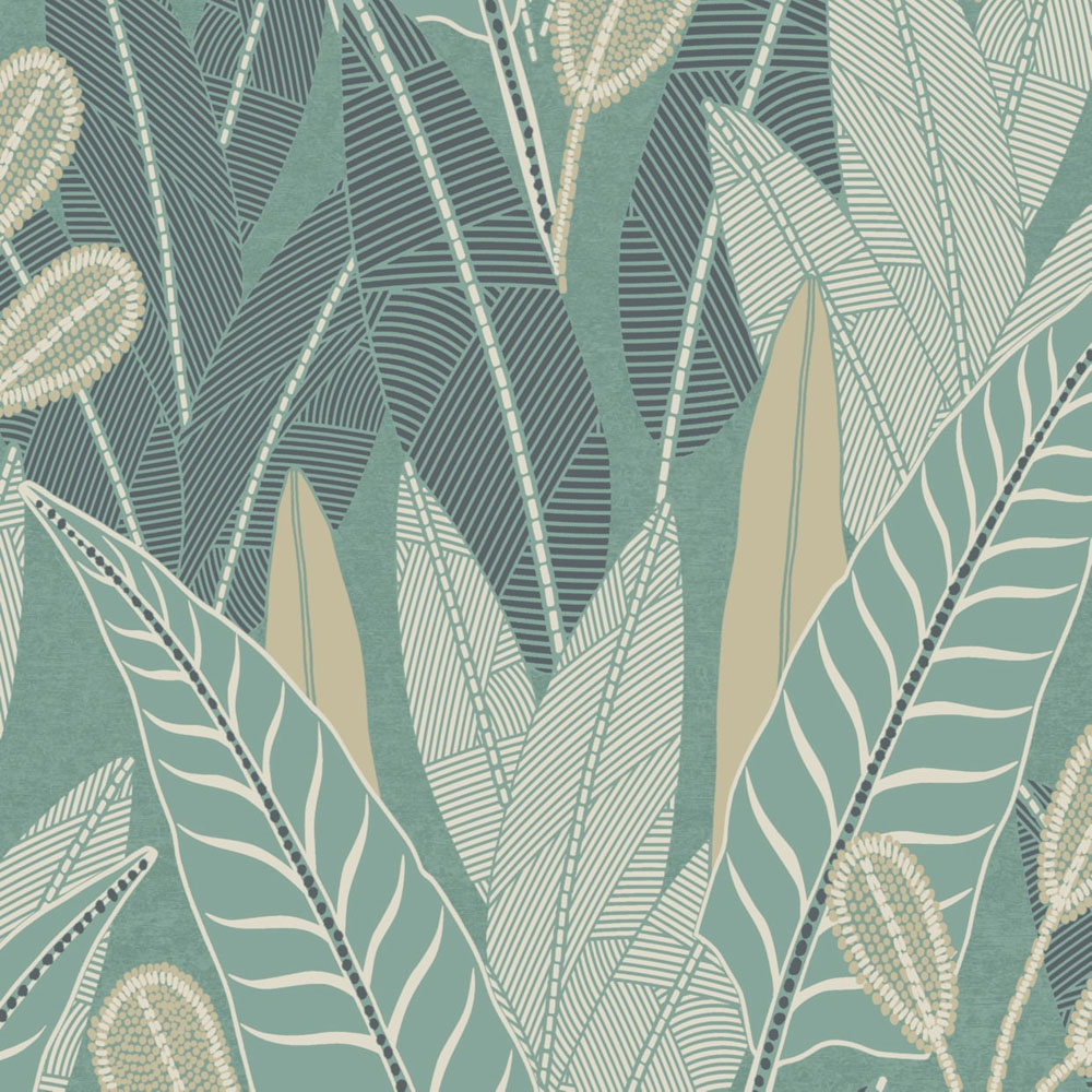 Grandeco Savannah Modern Foliage Blown Vinyl Green Wallpaper Image 1