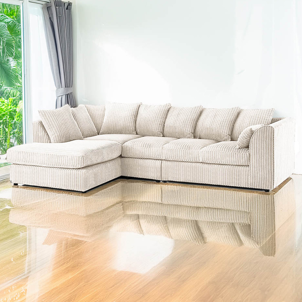 Luxor 4 Seater Cream Jumbo Cord Left Hand Facing Scatter Back L Shaped Corner Sofa Set Image 1
