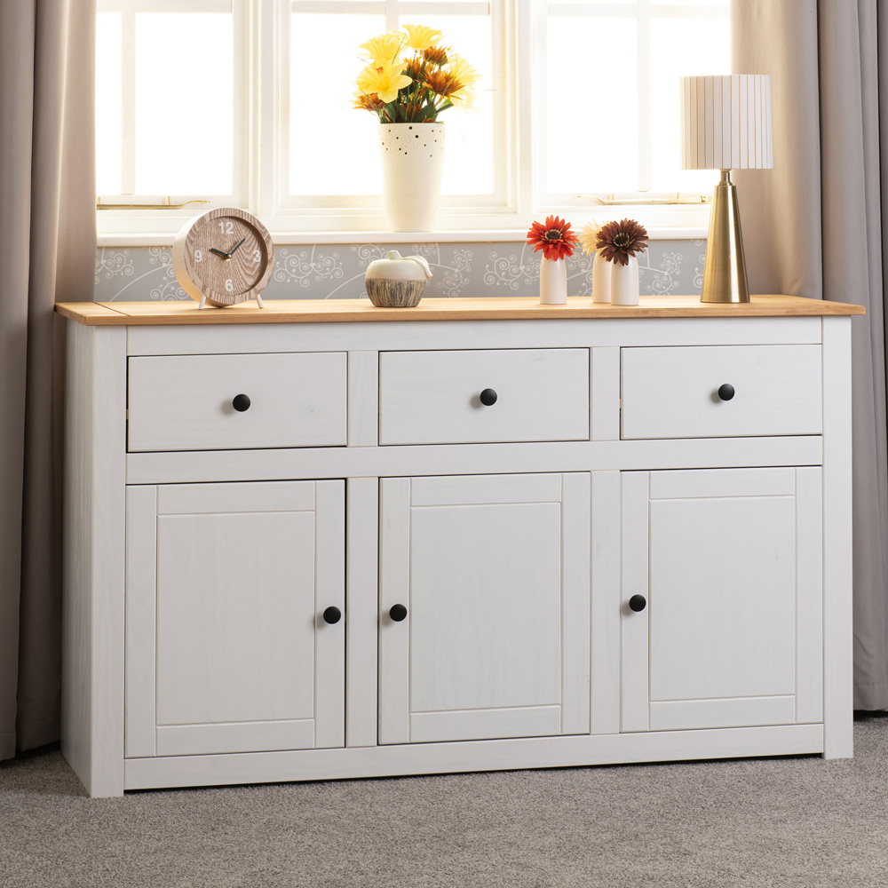 Seconique Panama 3 Door 3 Drawer White and Natural Wax Sideboard Image 1