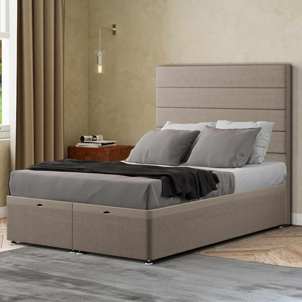 Eleganza George Single Beige Linen Ottoman Bed with Floor Standing Headboard Image 1