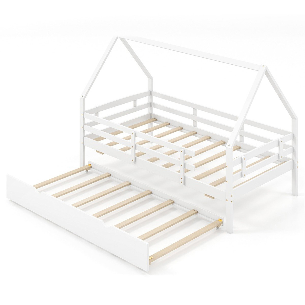 Costway Twin Size White Kids House Bed with Trundle with Safety Guardrails and Roof Image 2
