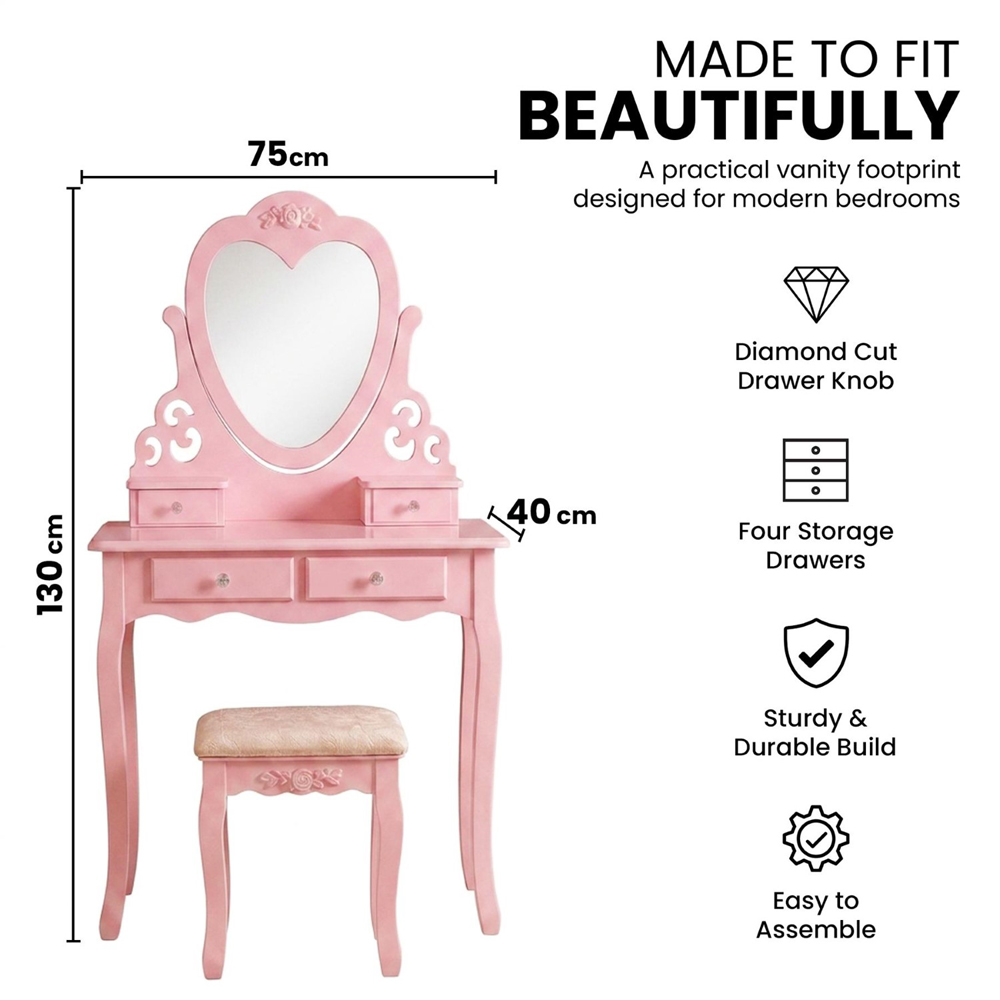 Portland 4 Drawer Pink Dressing Table Set with Mirror Image 9