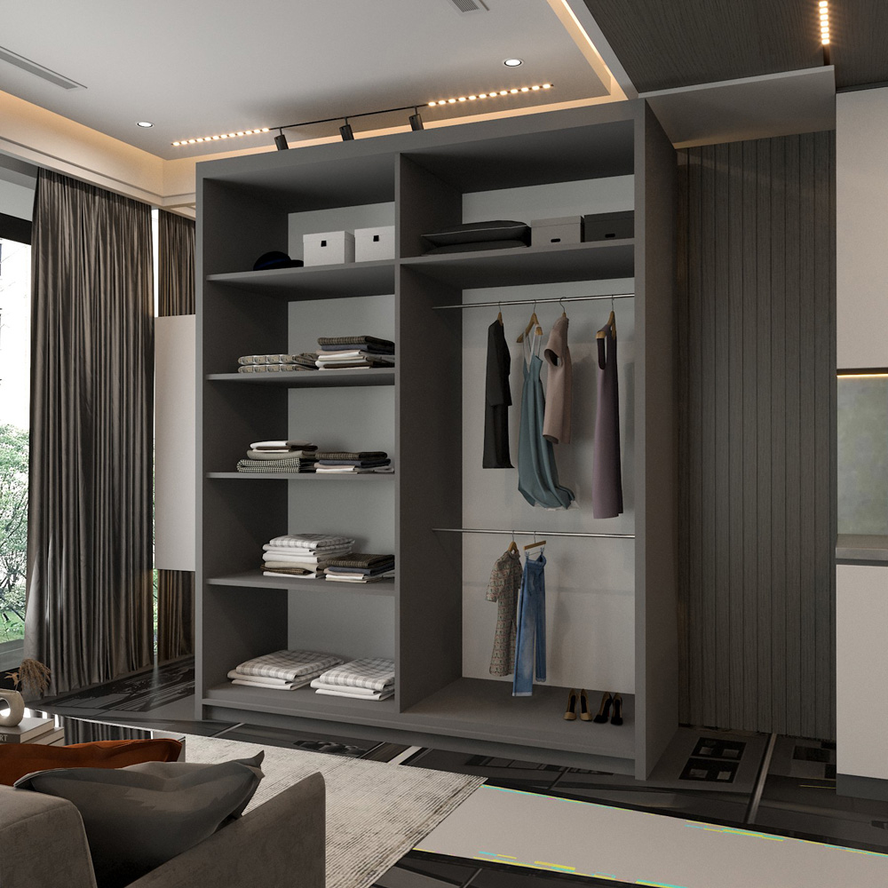Modern Sliding Wardrobe with Central Mirror, Adjustable Shelves and Hanging Rails (Grey 150cm) Image 4