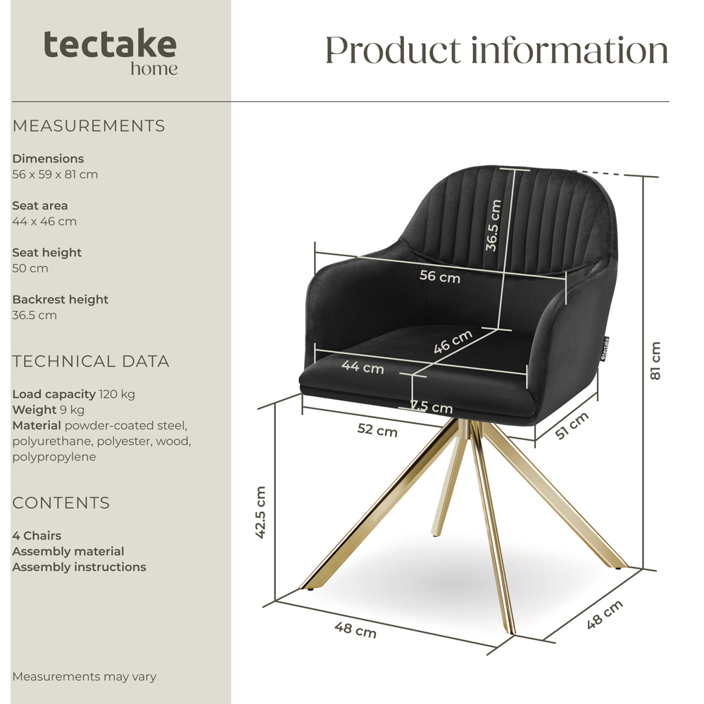 tectake Set of 4 Black and Gold Velvet Swivel Accent Armchair Image 9