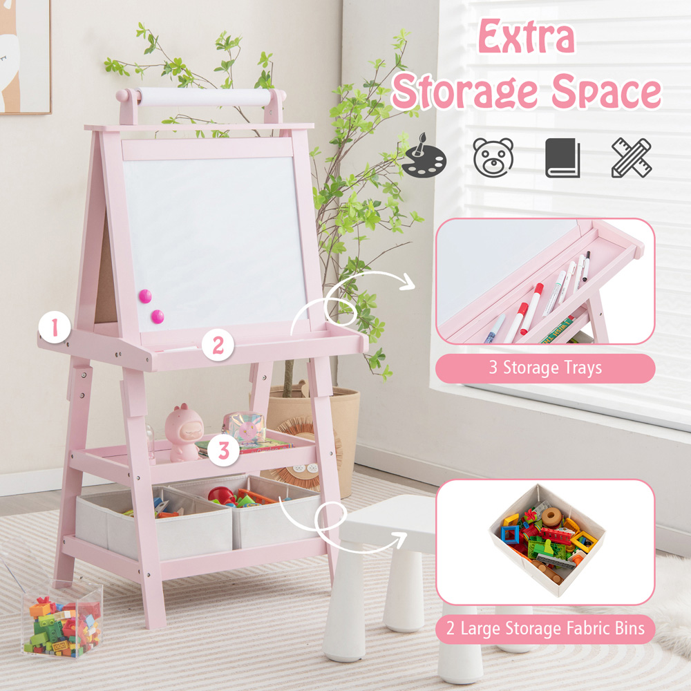 Costway Kids Pink Double Sided Art Easel with Paper Roll Image 6