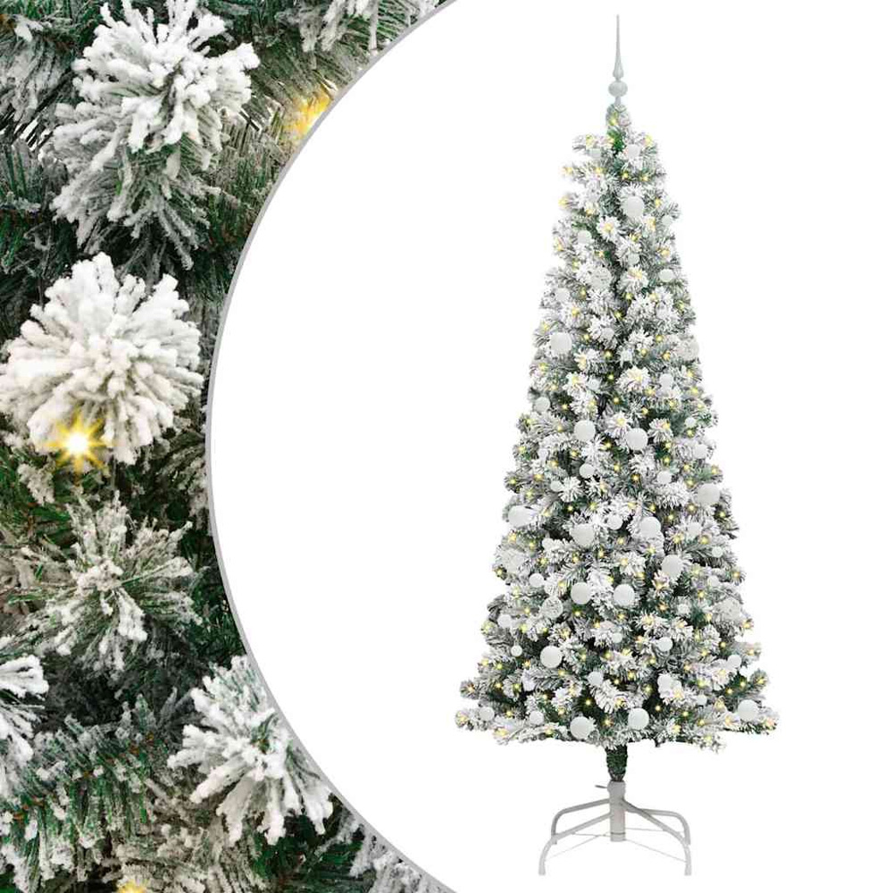 vidaXL Pre-Lit Warm White LED and White Baubles Snow Flocked Artificial Christmas Tree 7ft Image 2