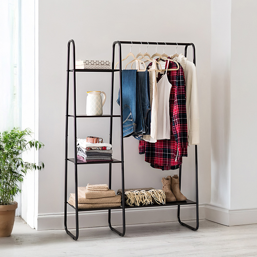 H&O Direct 4 Mesh Shelf Black Metal Freestanding Garment Hanging Rack Image 2