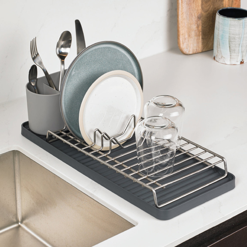 ReBorn Dark Grey Compact Kitchen Draining Rack with Cutlery Holder Image 2
