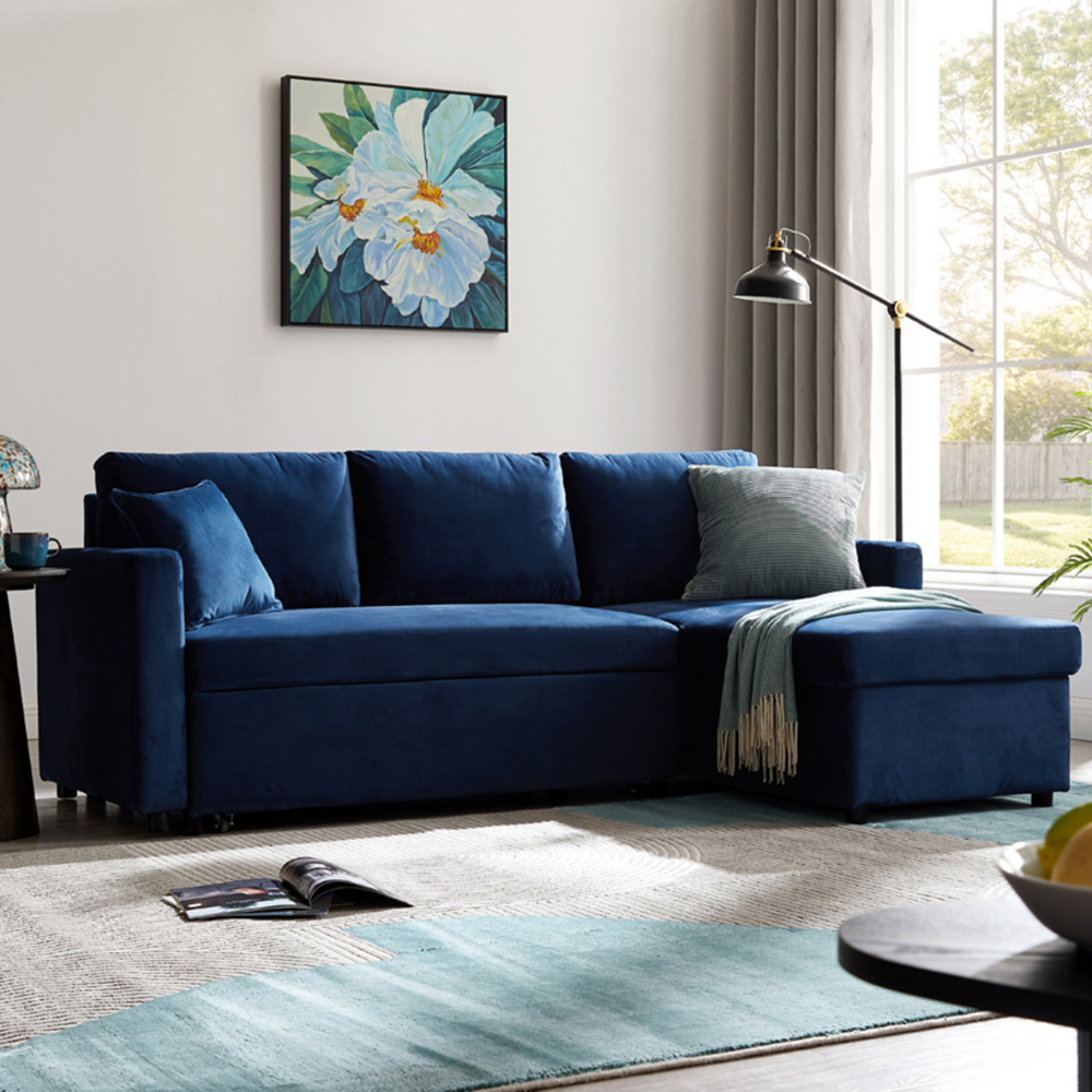 Home Detail Dorset Small Double Sleeper Blue Velvet Pull Out Sofa Bed with Storage Image 1