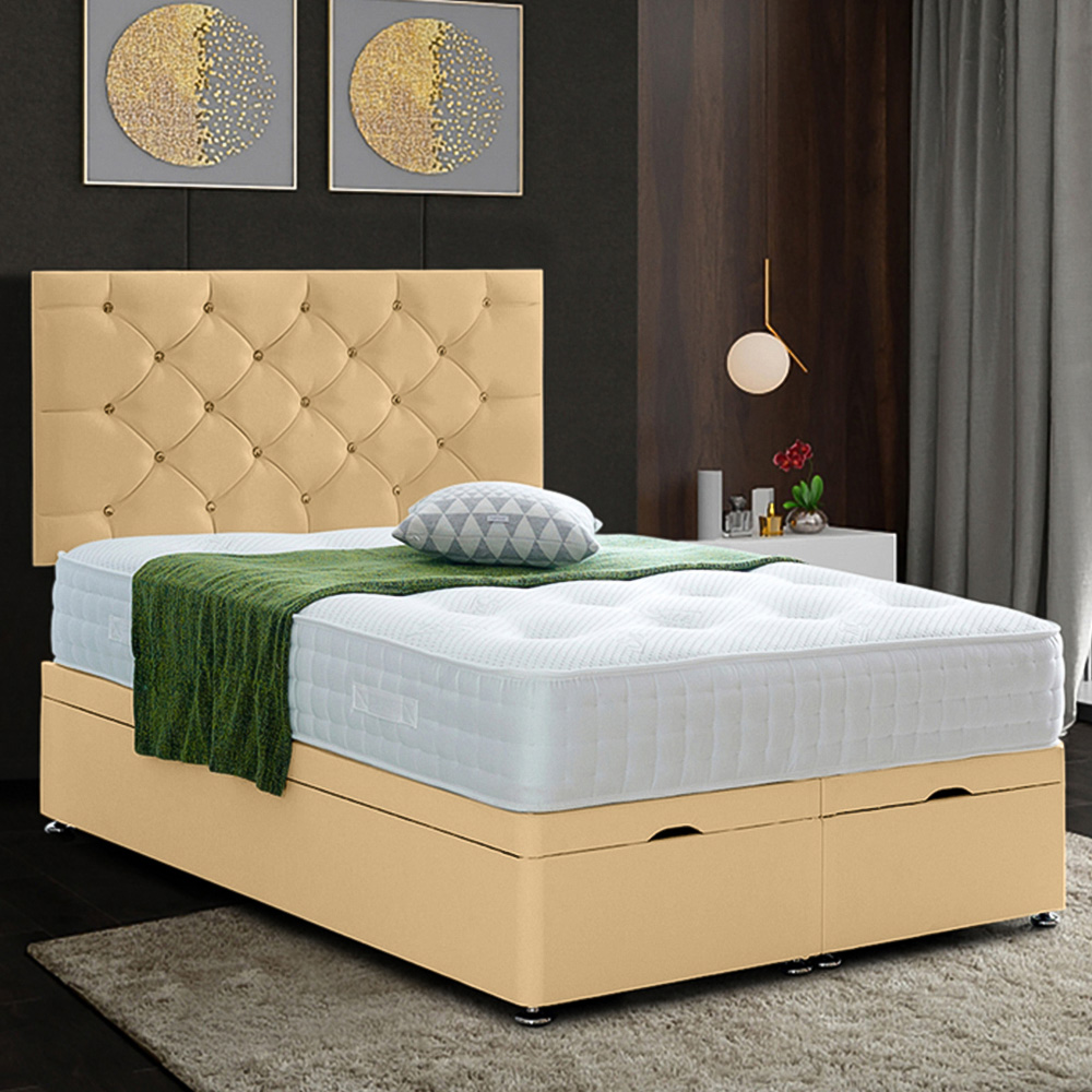 Eleganza Home Resthaven Double Beige Plush Velvet Divan Ottoman Bed with Headboard Image 1
