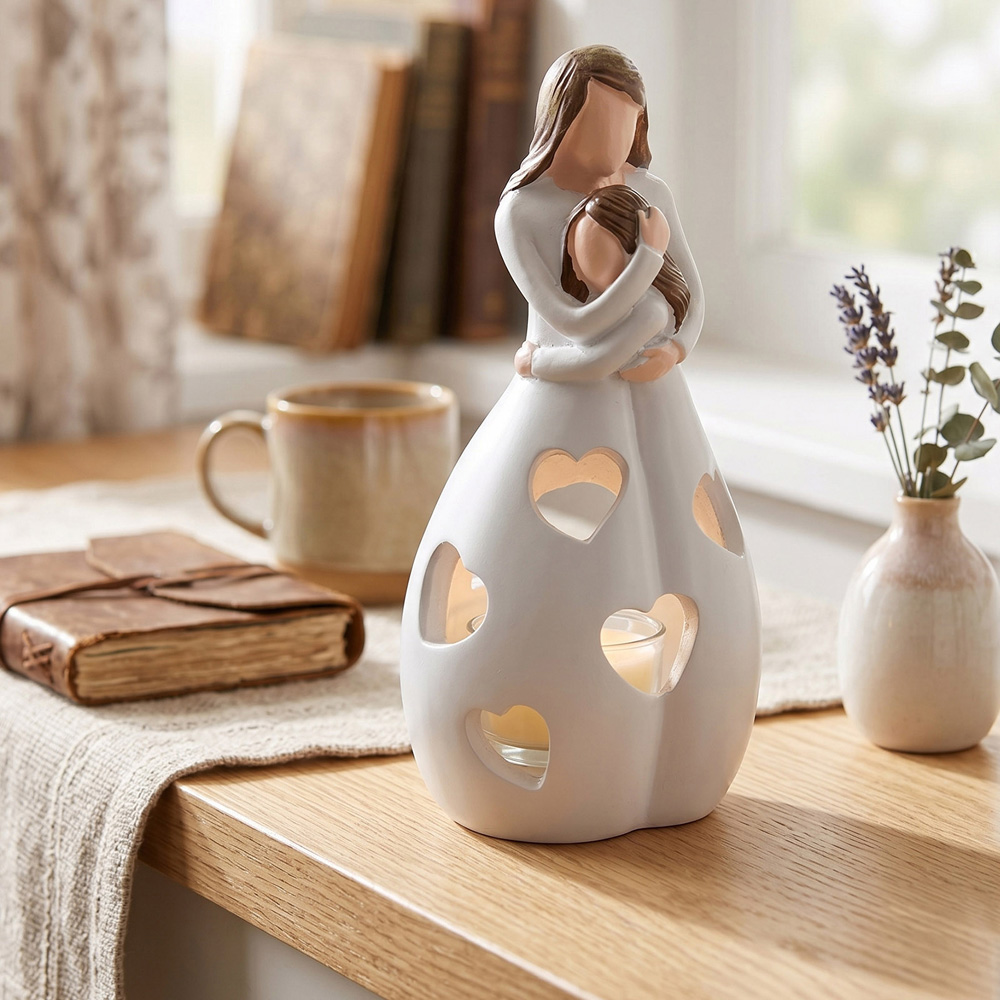 Living and Home White Resin Mother and Daughter Tealight Holder Image 2