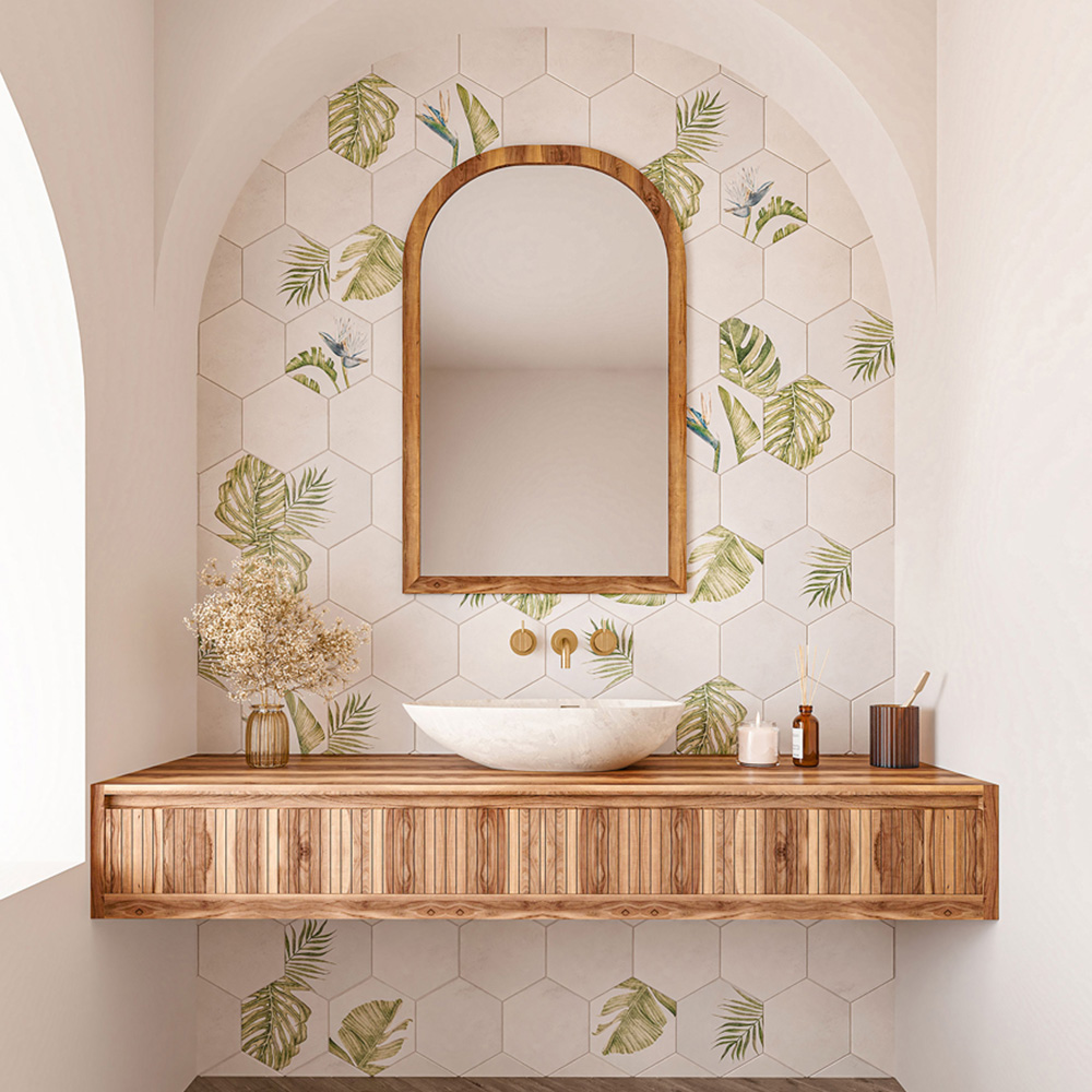 Top Ceramics Beige and Green Floral Stone Effect Hexagon Porcelain Wall Tile 215 x 250mm Image 1