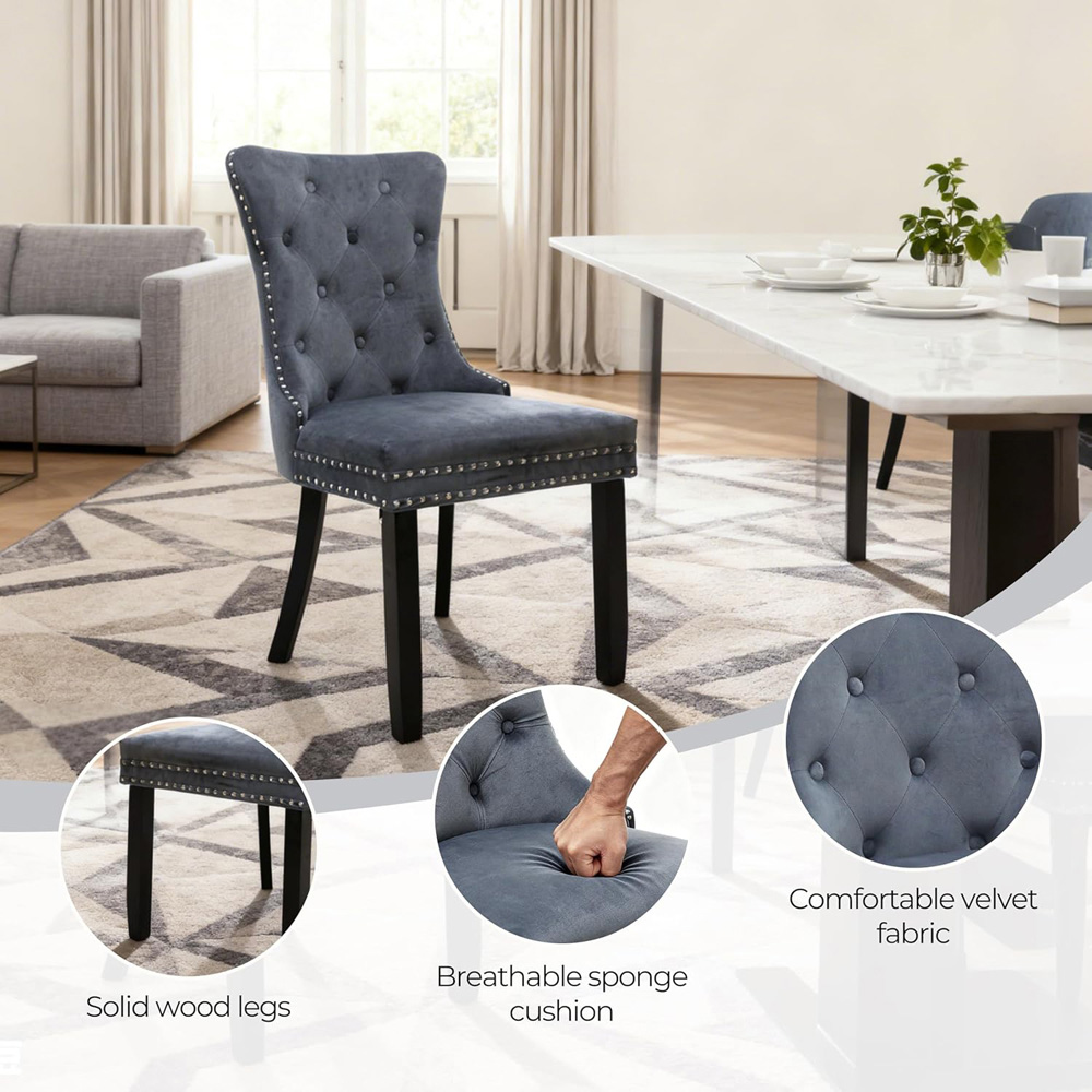 Alivio Set of 2 Grey Velvet Nailhead Trim Tufted Dining Chairs Image 6