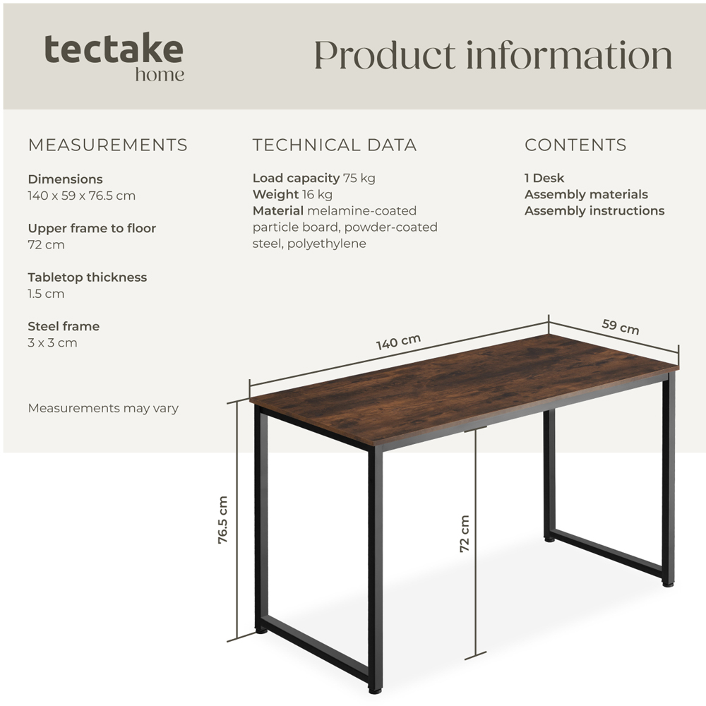 tectake Flint Dark Wood Office Desk 140 x 59 x 76.5cm Image 8